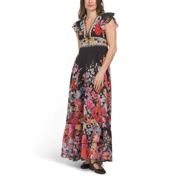 Dalia MacPhee womens Long Maxi Dress size Medium (4-6) Floral Flutter Sleeve - Picture 1 of 9